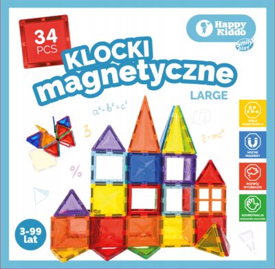 Klocki Magnetyczne Happy Kiddo 34el Konstrukcyjne Budowlane Edukacyjne 3+