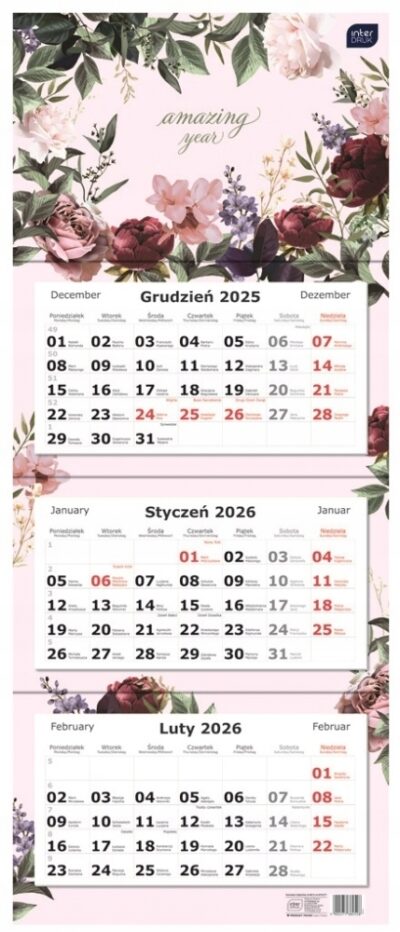 Kalendarz ścienny 82,5×34 cm trójdzielny na rok 2026 kwiaty